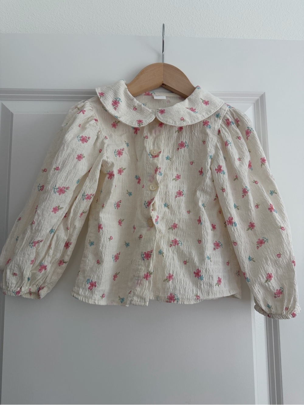 Girls' Cream Floral Button-Up Top with Peter Pan Collar